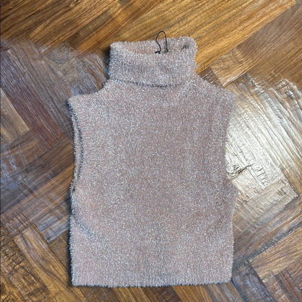 ZARA Shimmer Cozy Tan Turtleneck Sweater Vest